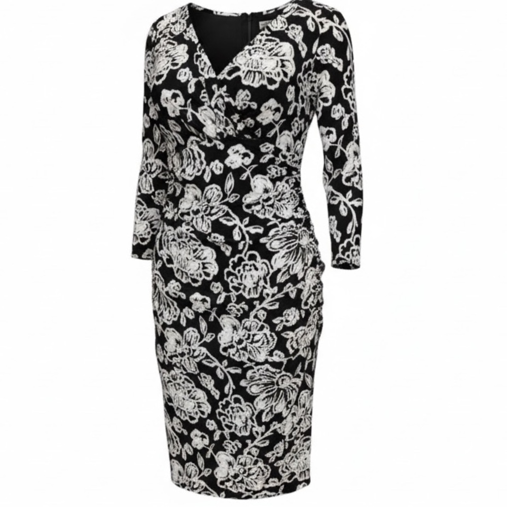 LAUREN BY RALPH LAUREN‎ EUC sz 6 Faux Wrap Dress Navy/White Floral Jersey Knit